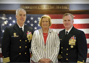 160408-N-OG138-092 NEWPORT NEWS, Va., (April 8, 2016) Capt. John F. Meier, commanding officer of Pre-Commissioning Unit Gerald R. Ford (CVN 78), and Capt. Richard McCormack pose with Susan Ford Bales, ship sponsor and guest speaker. Ford is the first of a new class of aircraft carriers currently under construction by Huntington Ingalls Newport News Shipbuilding. (U.S. Navy photo by Mass Communication Specialist 3rd Class Matthew R. Fairchild/Released)